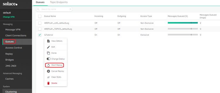 Screenshot: Initiating Replay using Broker Manager